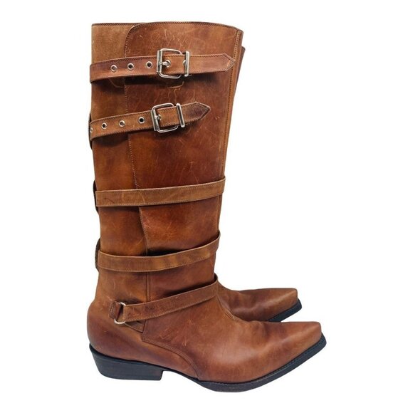 il_fullxfull.4920290572_2a2l.jpg Go\'West Leather Strappy Wrap Around Point Toe Tall Cowboy Boots Tan Western 5E